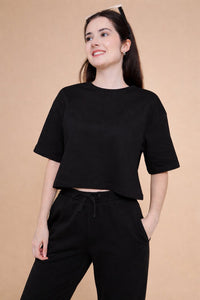 De Moza Women Knitted Cotton Crop Boxy Fit T-shirt Black - De Moza