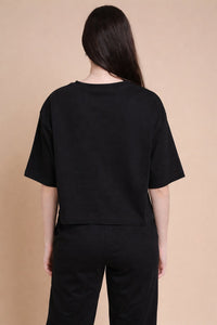 De Moza Women Knitted Cotton Crop Boxy Fit T-shirt Black - De Moza