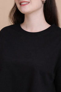 De Moza Women Knitted Cotton Crop Boxy Fit T-shirt Black - De Moza