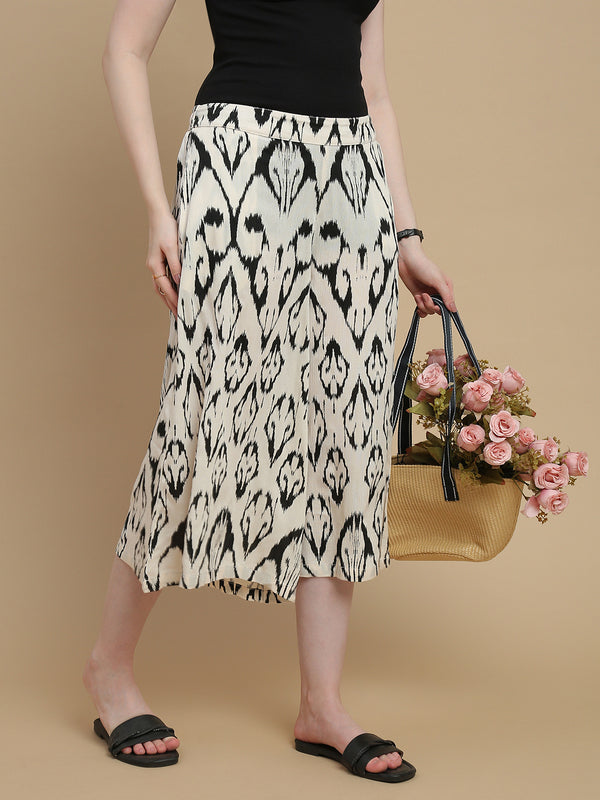 De Moza Women Woven Rayon High Twist Loose Fit Printed Culottes with Functional Pockets Cream - De Moza