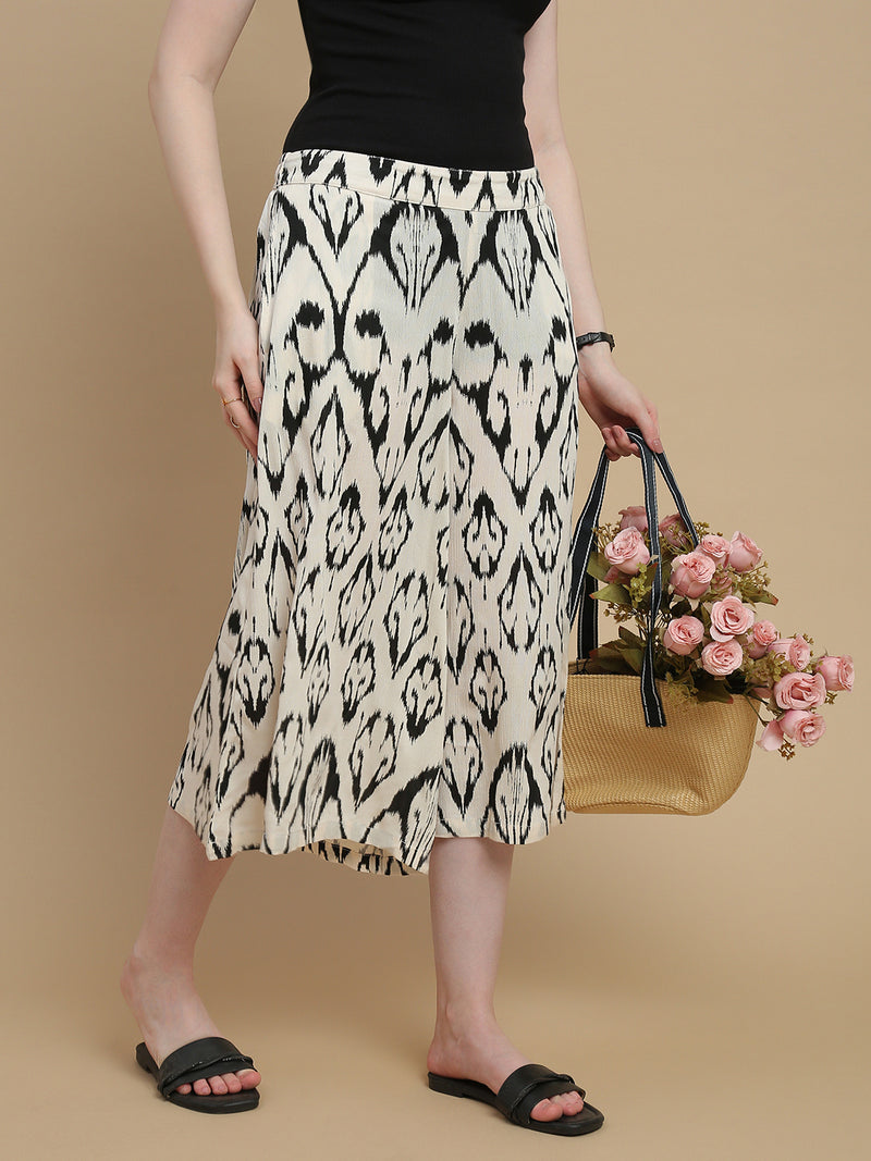 De Moza Women Woven Rayon High Twist Loose Fit Printed Culottes with Functional Pockets Cream - De Moza