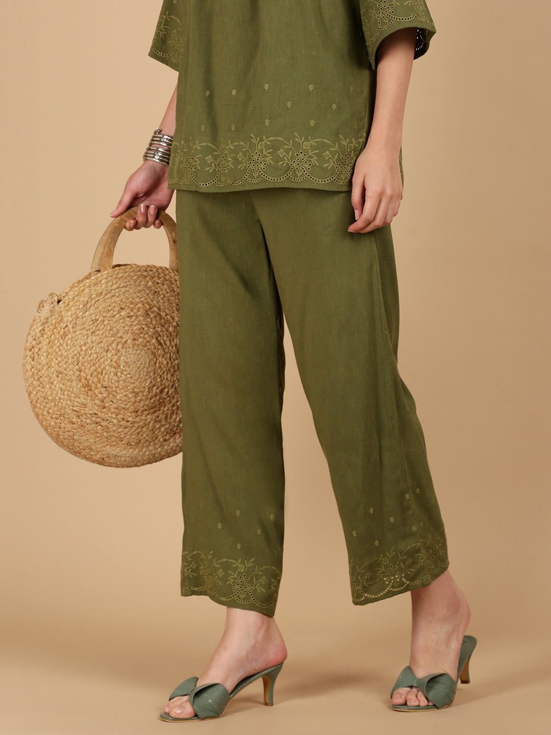 De Moza Women Woven Rayon Regular Fit Palazzo with Functional Pockets Olive Green - De Moza