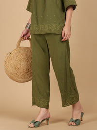 De Moza Women Woven Rayon Regular Fit Palazzo with Functional Pockets Olive Green - De Moza