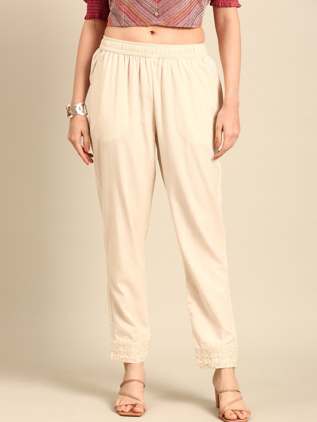 Straight Pant Embroidered-Natural - De Moza
