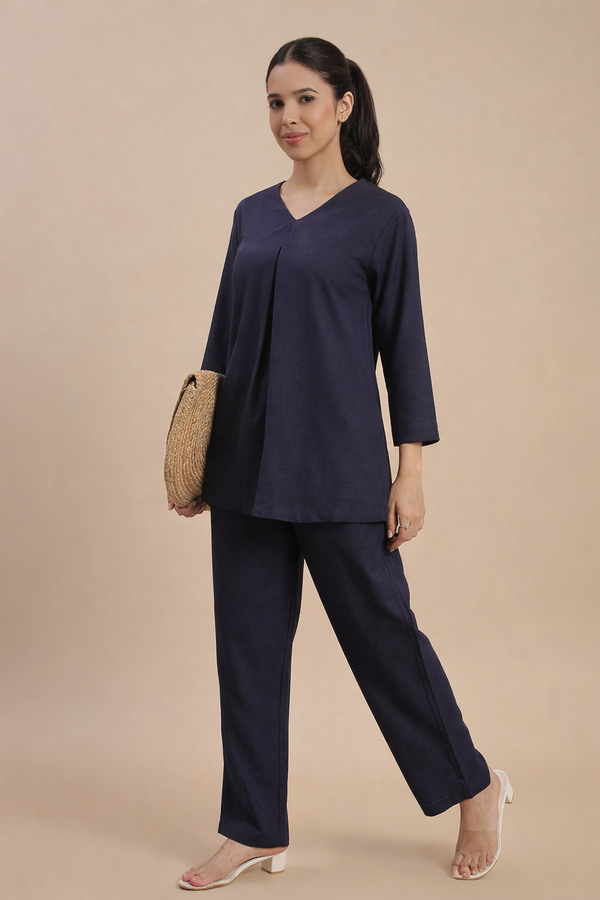 De Moza Women's Officewear Co-ords (Straight Pant & Tunic Top) Navy Blue - De Moza