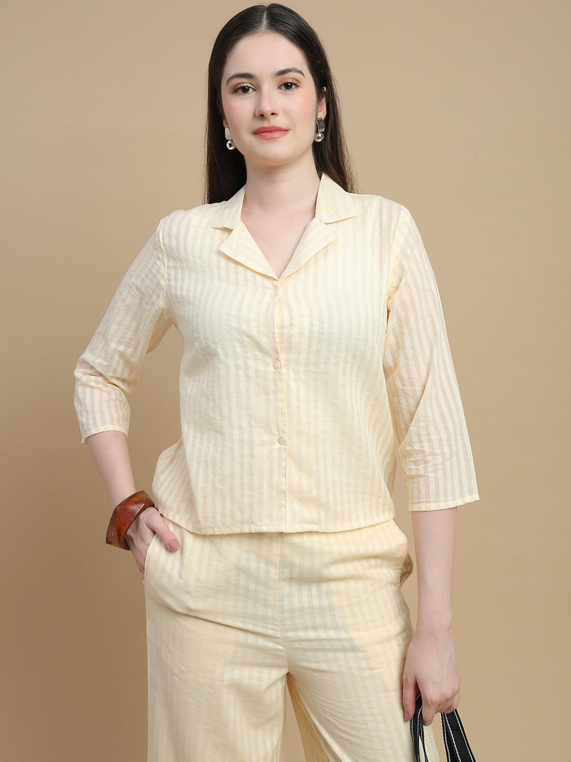 De Moza Women Woven Cotton Dobby Crop Shirt with Collared Neck and 3/4th Sleeves Chalk - De Moza