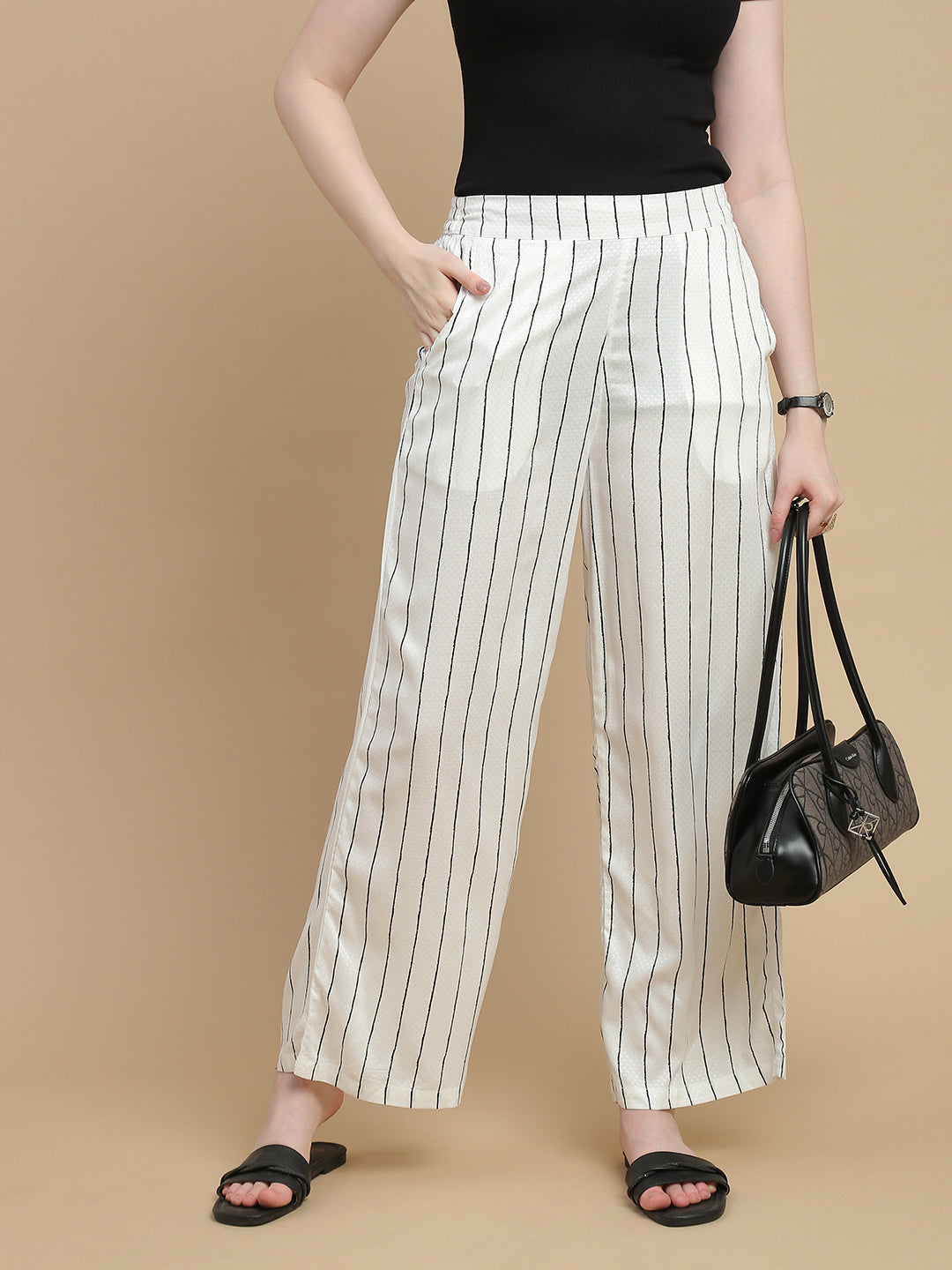 De Moza Women Woven Rayon Dobby Loose Fit Printed Straight Palazzo Pant with Functional Pockets Offwhite - De Moza