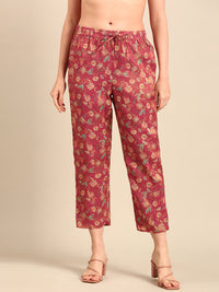 Straight Pant All Over Print-Dark Pink - De Moza