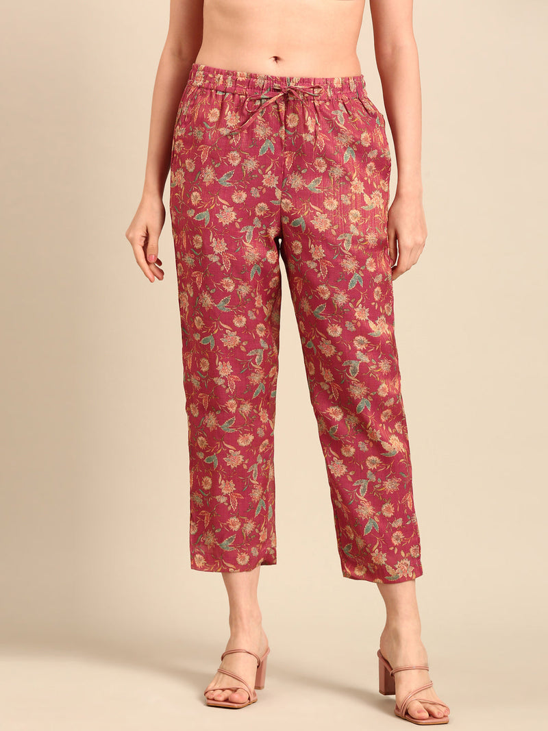 Straight Pant All Over Print-Dark Pink - De Moza