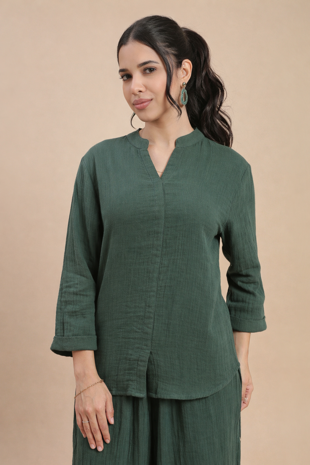 De Moza Women's Officewear Co-ords (Straight Pant & Tunic Top) Bottle Green - De Moza