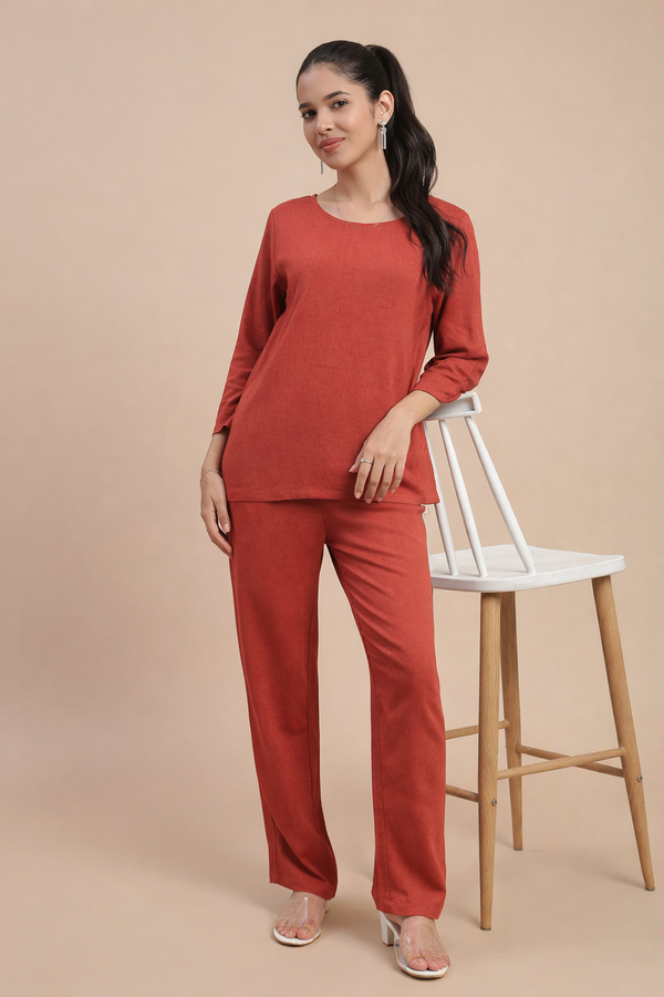 De Moza Women's Officewear Co-ords (Straight Pant & Tunic Top) Rust Orange - De Moza