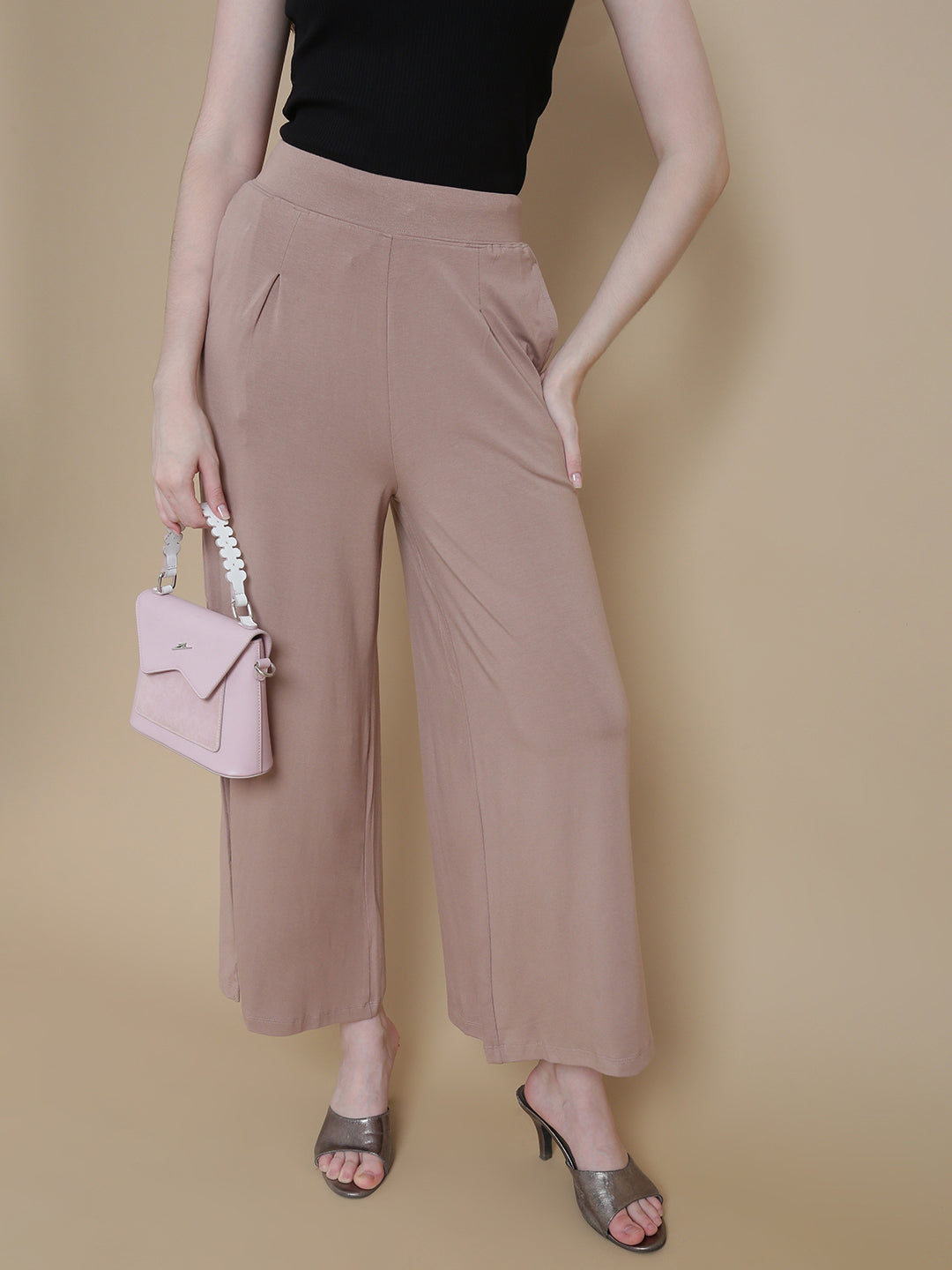 De Moza Women Knitted Viscose Pleated Palazzo with Functional Pockets Taupe - De Moza