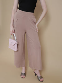 De Moza Women Knitted Viscose Pleated Palazzo with Functional Pockets Taupe - De Moza