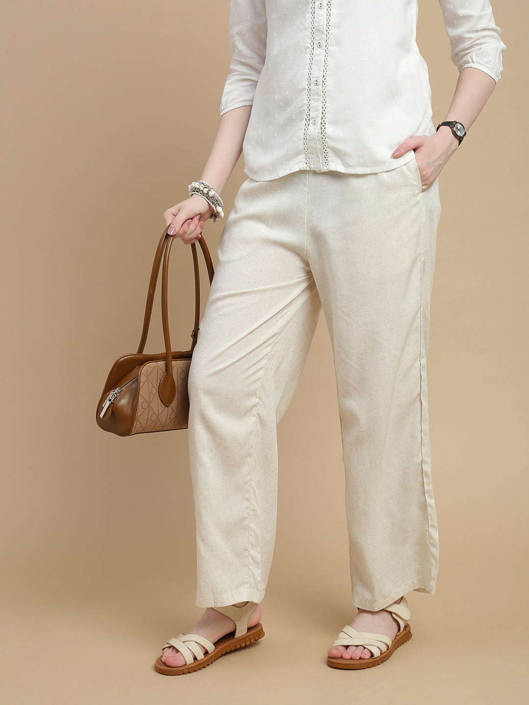 De Moza Women Viscose  Palazzo Pant with Functional Pockets Natutal - De Moza