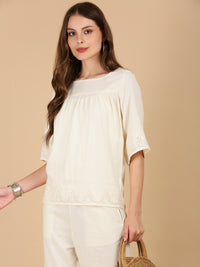 De Moza Women Woven Rayon Boxy Fit Top Natural