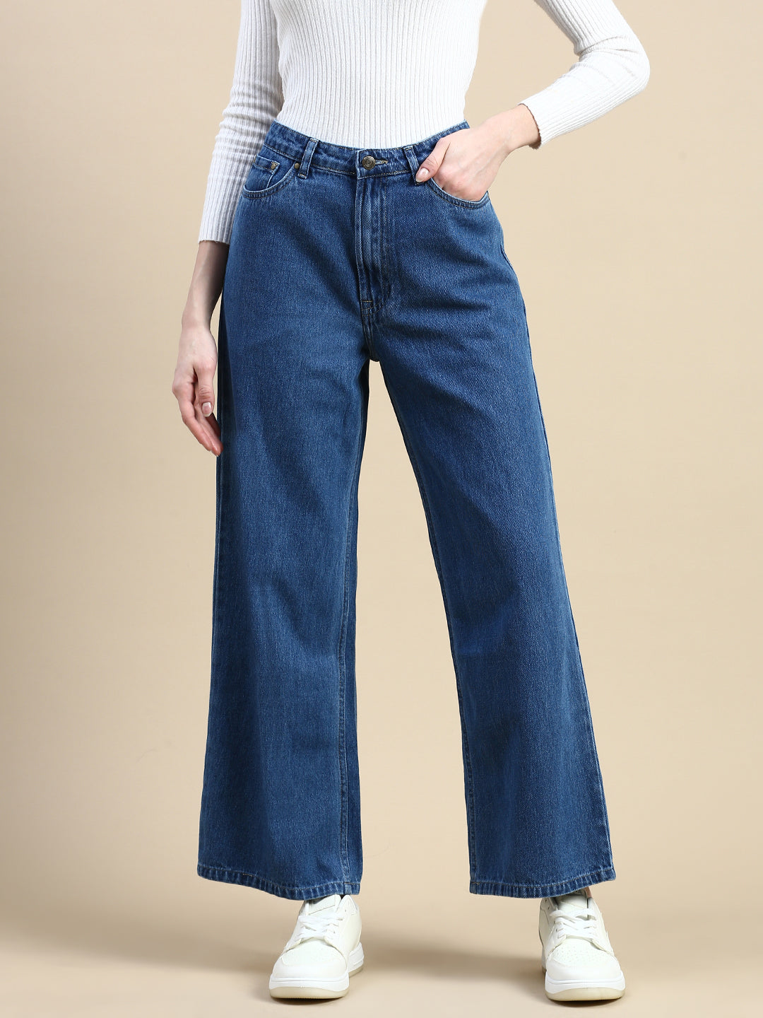 Jeans Pant Wide Leg-Mid Blue - De Moza