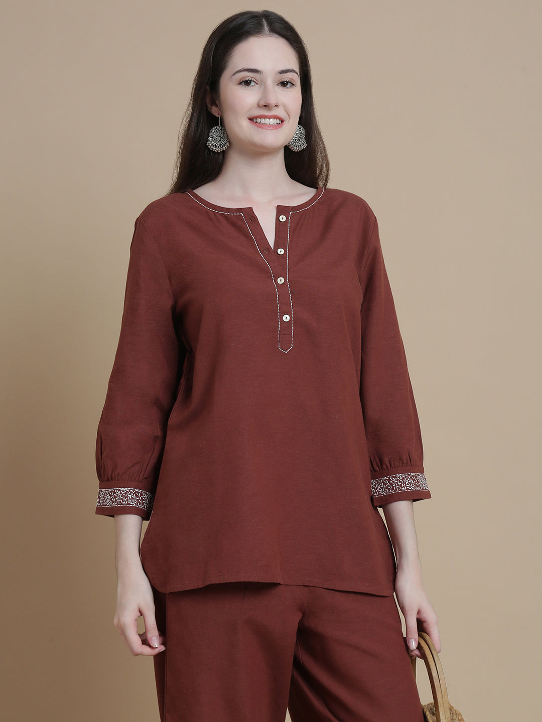 De Moza Women Woven Rayon Kurti Brown - De Moza
