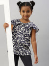 De Moza Girls Printed Top Dark Blue