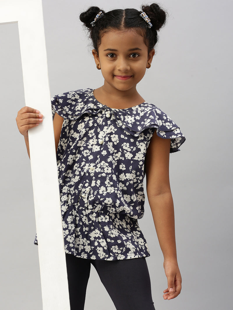 De Moza Girls Printed Top Dark Blue