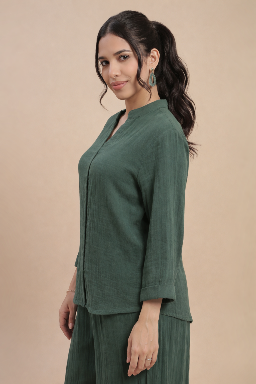 De Moza Women's Officewear Co-ords (Straight Pant & Tunic Top) Bottle Green - De Moza
