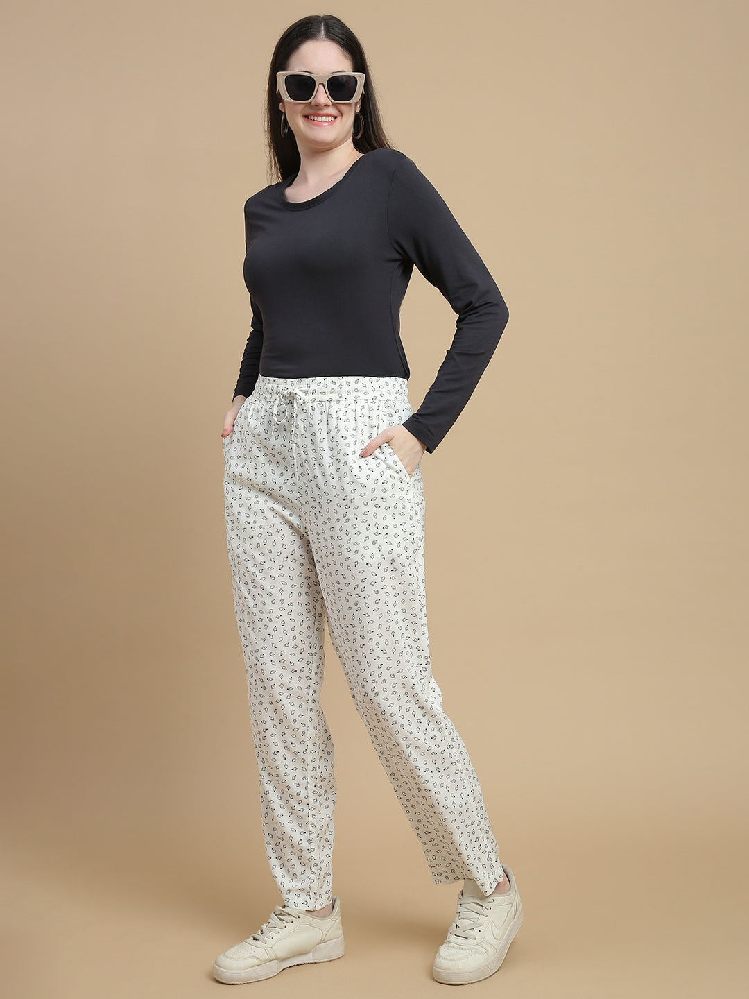 De Moza Women Woven Rayon Straight Fit Printed Straight Pant with Functional Pockets Offwhite - De Moza