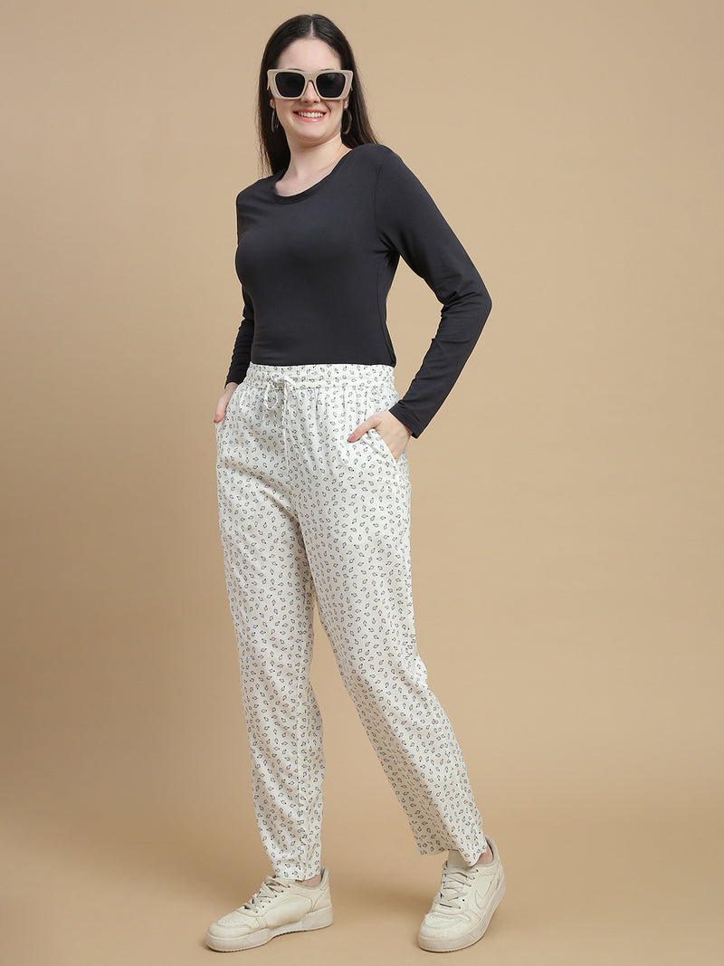 De Moza Women Woven Rayon Straight Fit Printed Straight Pant with Functional Pockets Offwhite - De Moza