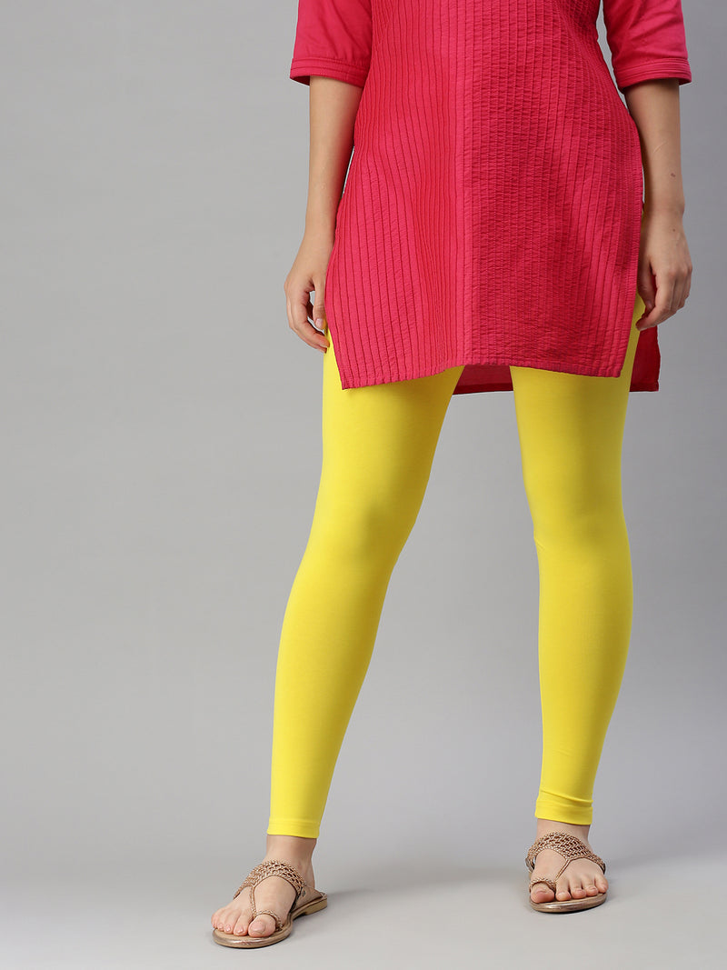 De Moza Ladies Ankle Length Leggings Solid Cotton Lemon Yellow