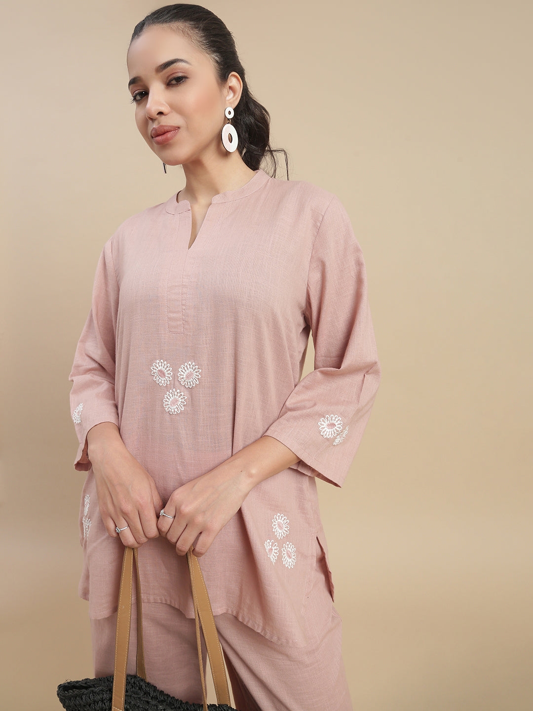 De Moza Women's Officewear Co-ords (Short Kurta & Straight Pant) Light Peach - De Moza