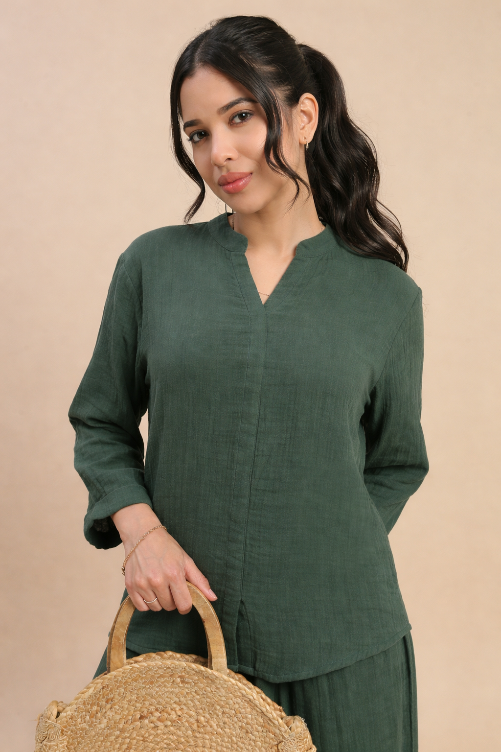 De Moza Women's Officewear Co-ords (Straight Pant & Tunic Top) Bottle Green - De Moza