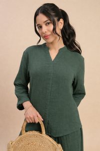 De Moza Women's Officewear Co-ords (Straight Pant & Tunic Top) Bottle Green - De Moza