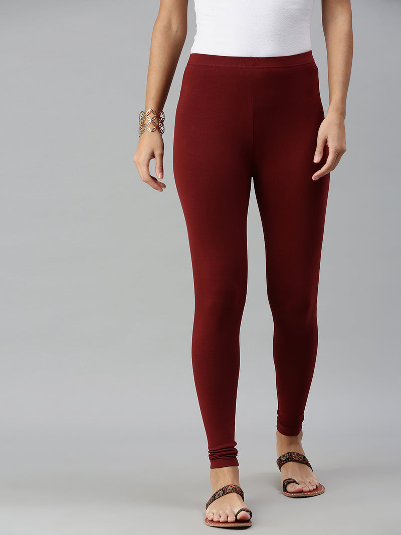 De Moza Ladies Ankle Length Leggings Solid Cotton Dark Maroon