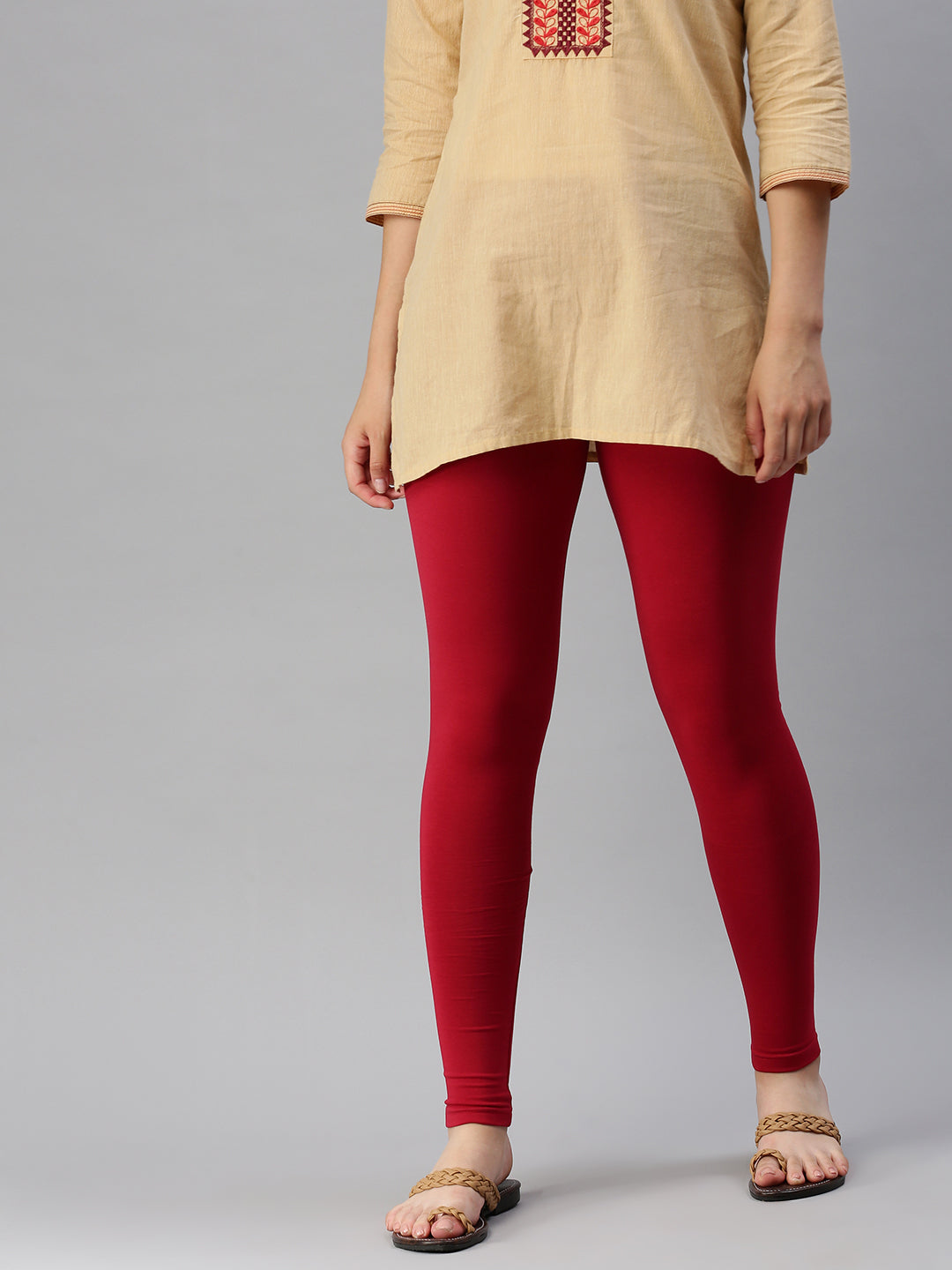 De Moza Ladies Ankle Length Leggings Solid Cotton Chilli Red