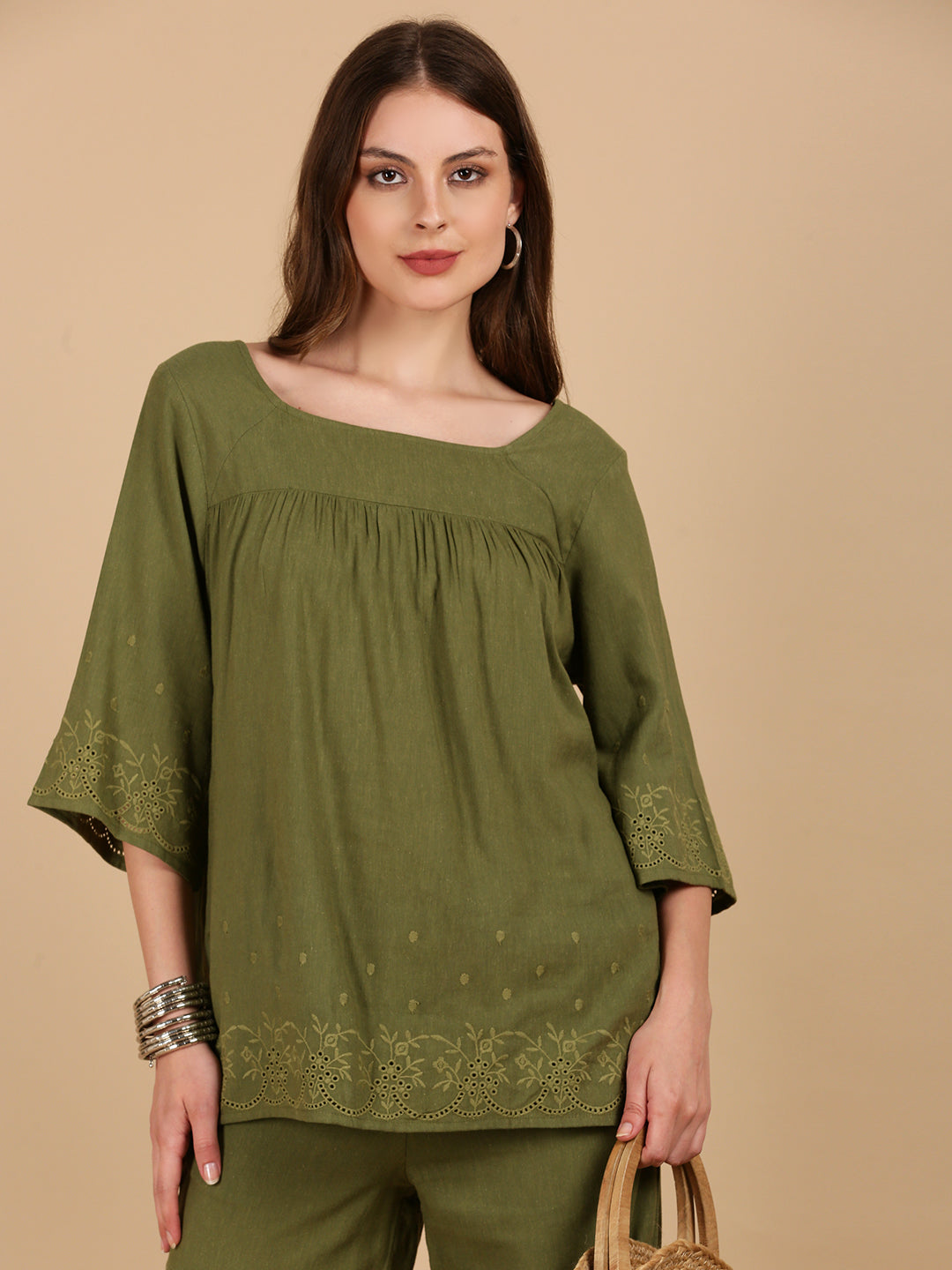 De Moza Women Woven Rayon Boxy Fit Top Olive Green