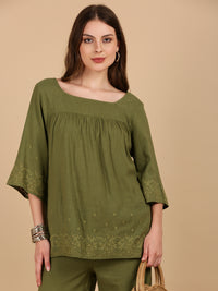 De Moza Women Woven Rayon Boxy Fit Top Olive Green