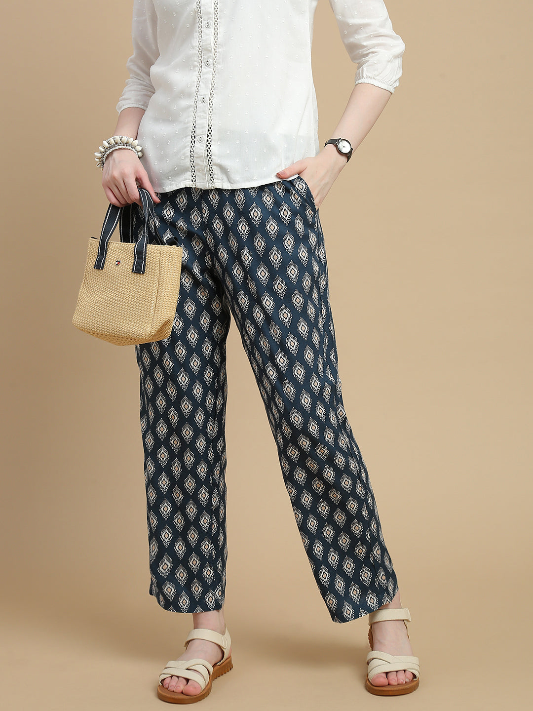 De Moza Women Woven Rayon Straight Fit Printed Pant with Functional Pockets Dark Teal - De Moza