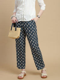 De Moza Women Woven Rayon Straight Fit Printed Pant with Functional Pockets Dark Teal - De Moza