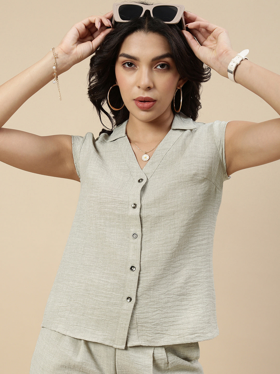 Co-Ord Set(Casual Top & Narrow Palazzo)-Ecru