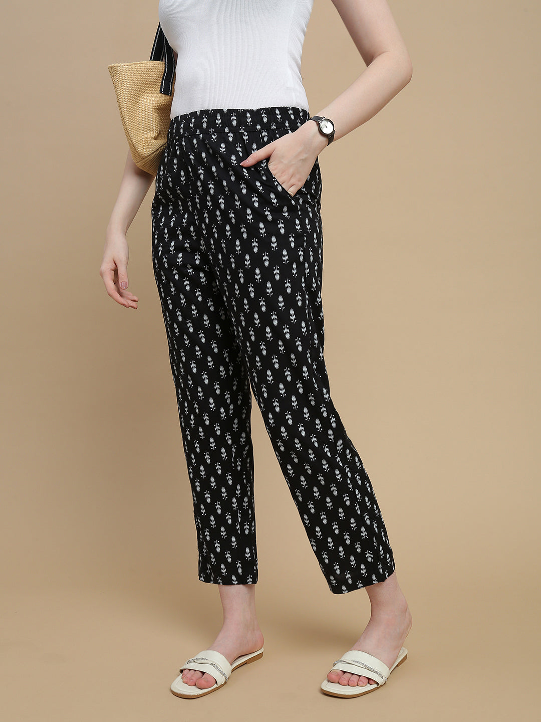 De Moza Women Woven Rayon Straight Fit Printed Straight Pant with Functional Pockets Black - De Moza
