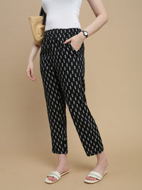 De Moza Women Woven Rayon Straight Fit Printed Straight Pant with Functional Pockets Black - De Moza