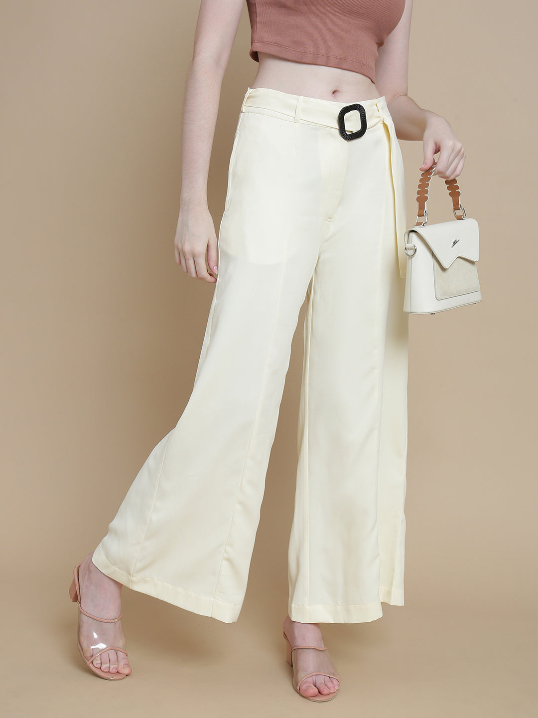 De Moza Women Woven Polyester Work wear Casual Pant with Functional Pockets Offwhite - De Moza