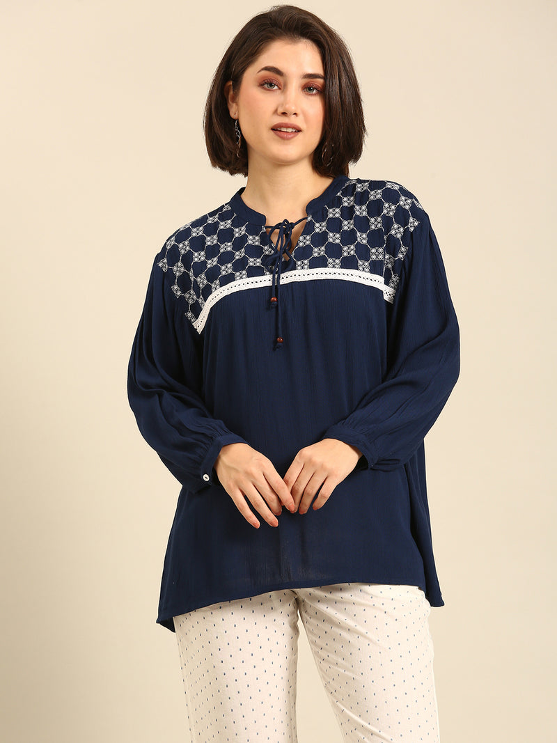 Top Embroidered-Indigo Blue - De Moza