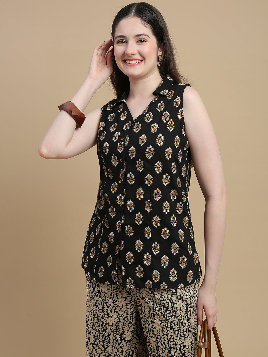 De Moza Women Woven Rayon Regular Fit Printed Sleeveless Top with Collared Neck Black - De Moza