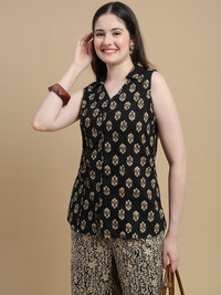 De Moza Women Woven Rayon Regular Fit Printed Sleeveless Top with Collared Neck Black - De Moza