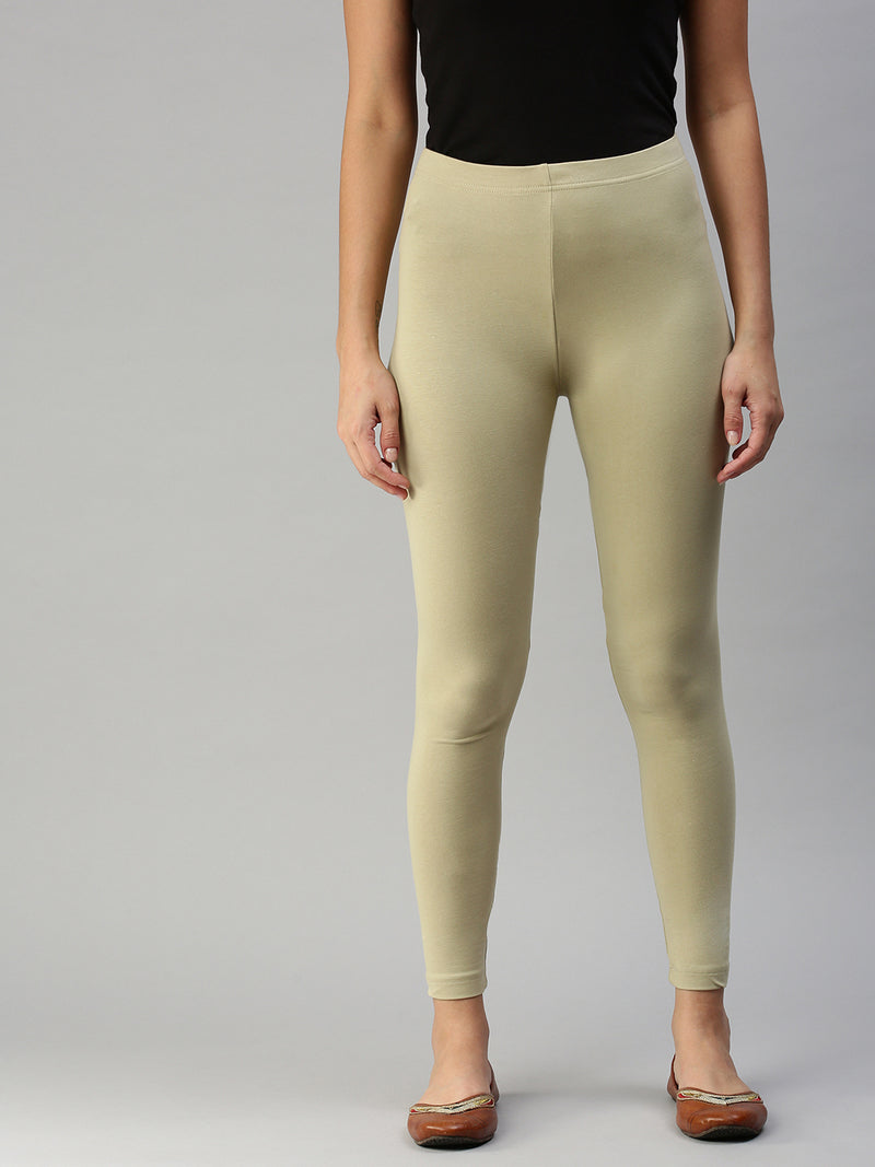 De Moza Women Ankle Length Leggings Solid Light Gold