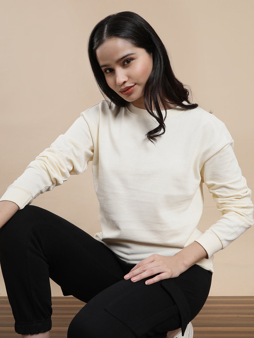 De Moza Women Casual Sweat Shirt Cream
