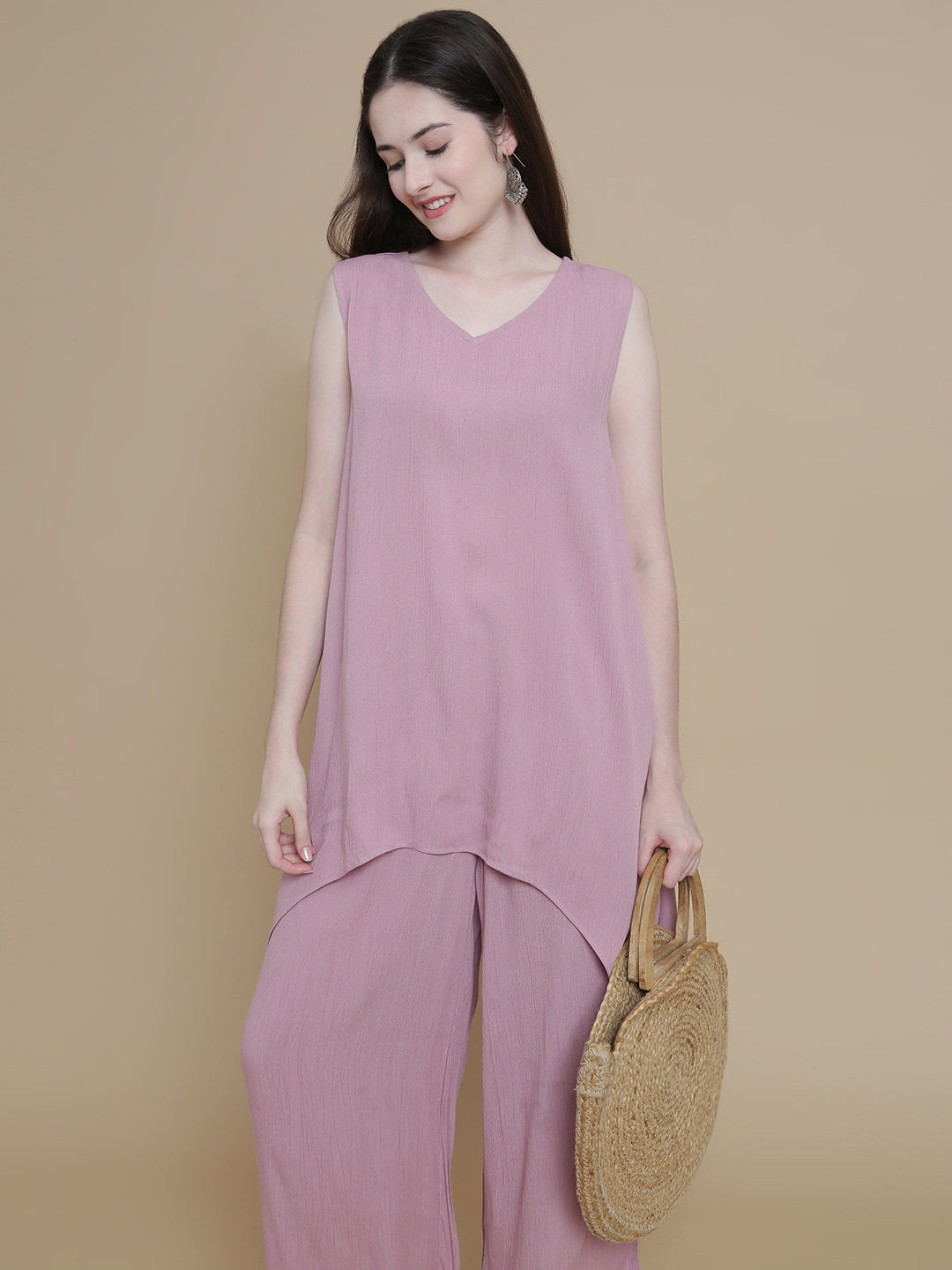 De Moza Women Woven Rayon Hi-Twist Top Light Pink - De Moza