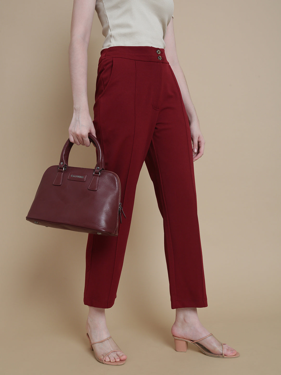 De Moza Women Woven Polyester Work wear Casual Pant with Functional Pockets Burgundy - De Moza