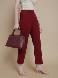 De Moza Women Woven Polyester Work wear Casual Pant with Functional Pockets Burgundy - De Moza