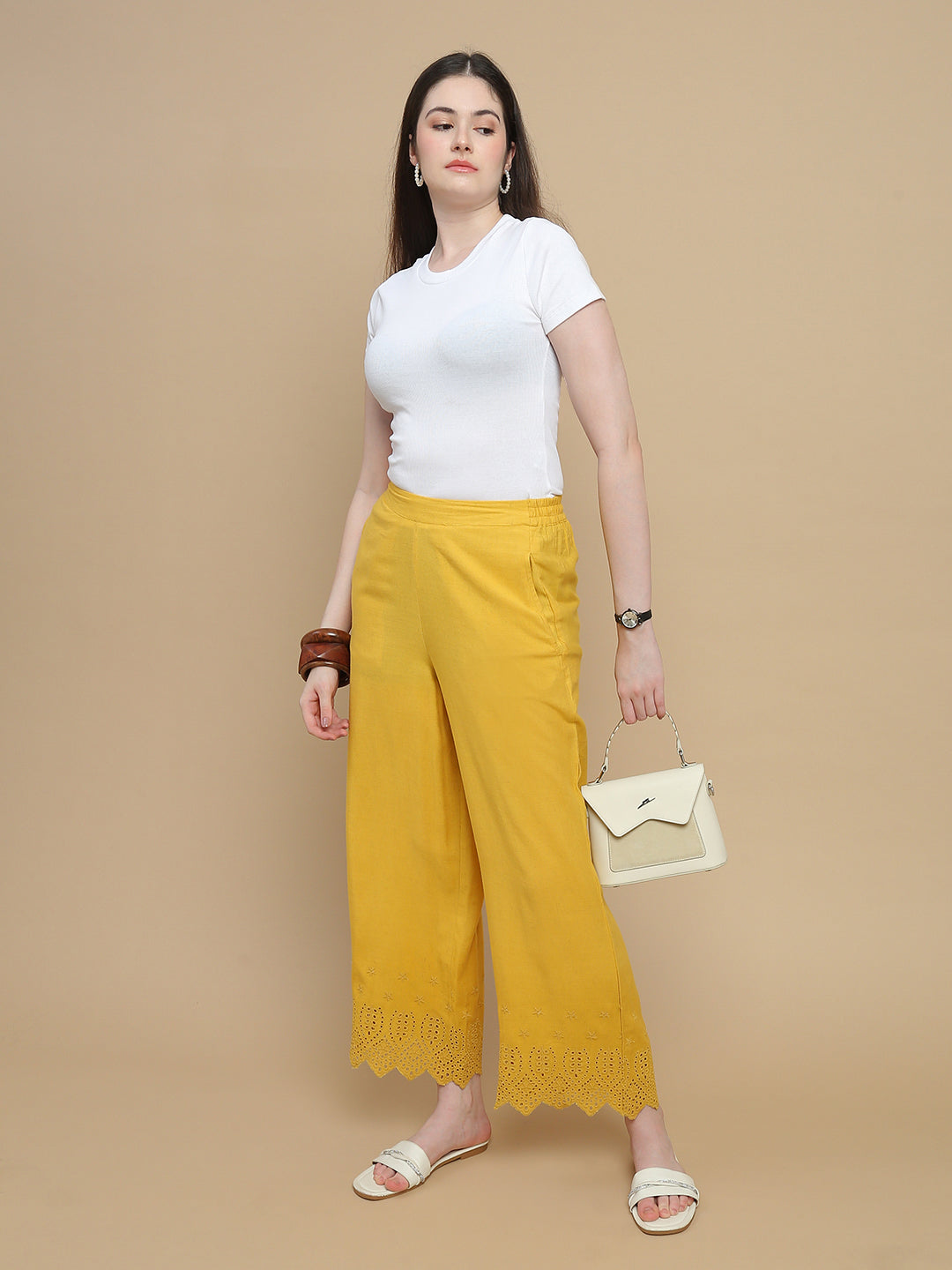 De Moza Women Woven Viscose Flex Regular Fit Schiffly Narrow Palazzo Pant with Functional Pockets Lime Yellow - De Moza