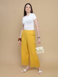 De Moza Women Woven Viscose Flex Regular Fit Schiffly Narrow Palazzo Pant with Functional Pockets Lime Yellow - De Moza